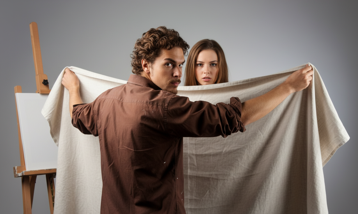 Художник прикрывает покрывалом модель в мастерской