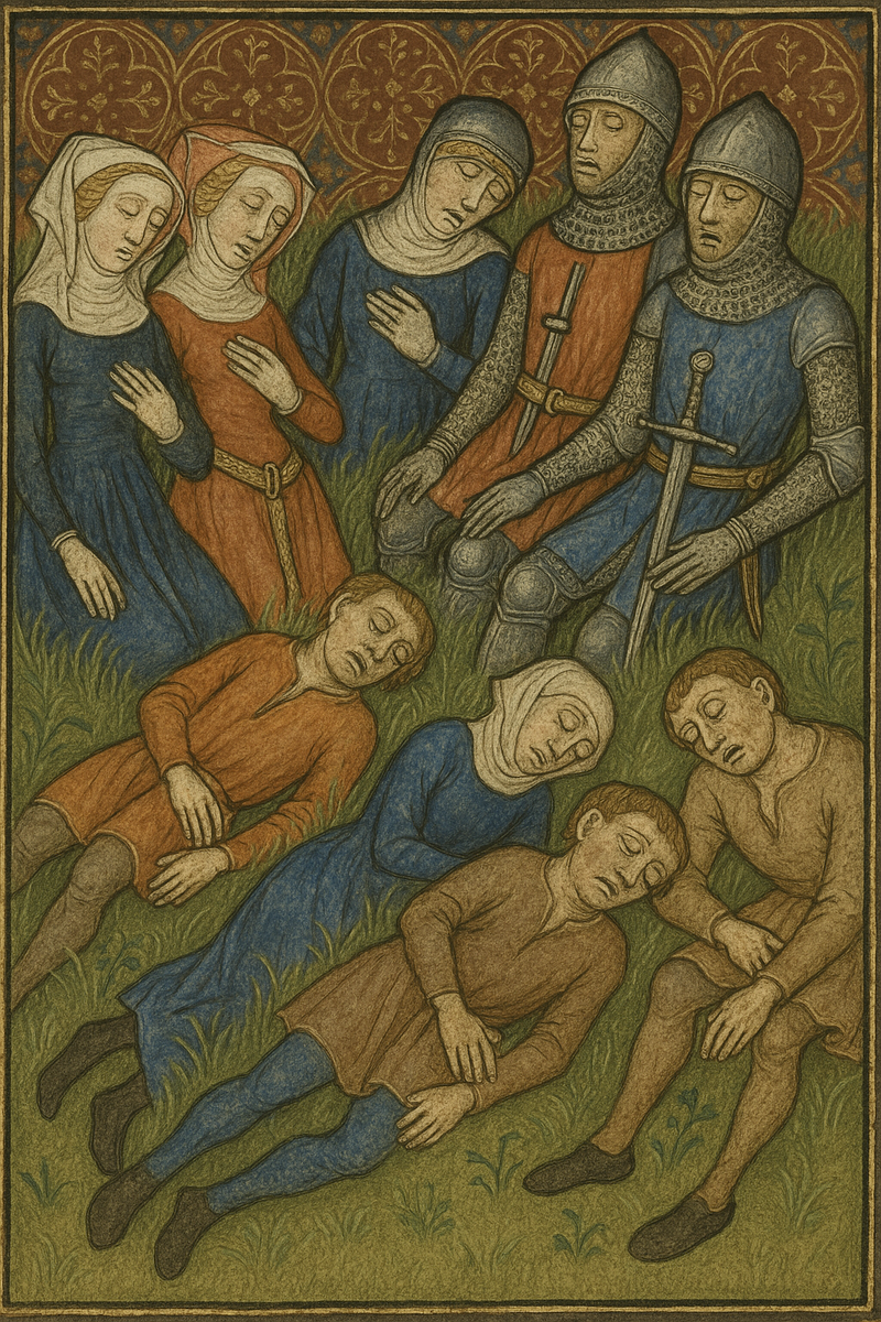 Иллюстрация из хроник того времени красноречиво показывает: чума не делала различий между сеньором и крепостным. В общей могиле оказались не только люди, но и сама идея о богоустановленности сословных привилегий.