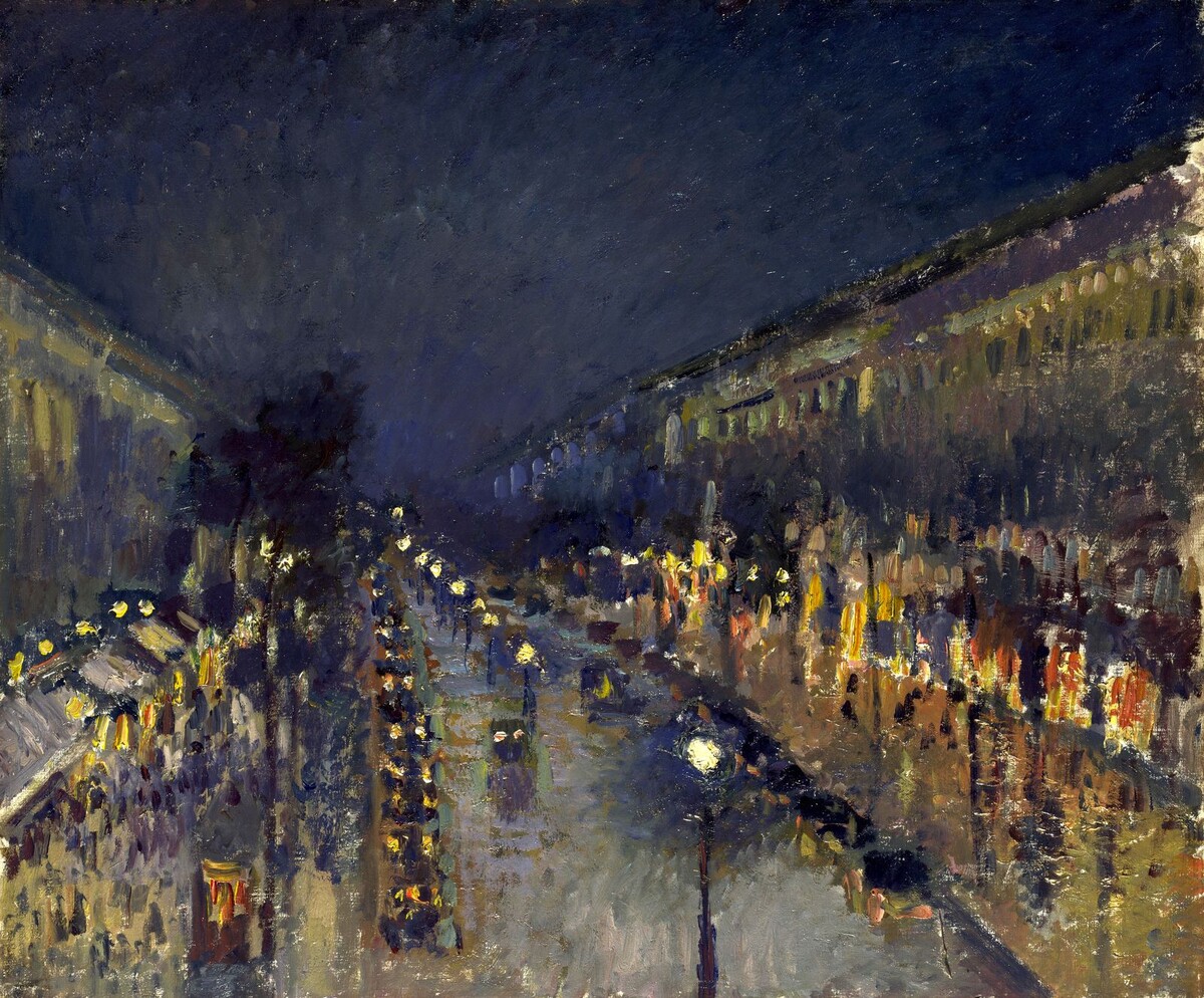 Камиль Писсарро - Бульвар Монмартр ночью    Оригинальное название: Boulevard Montmartre, Effet de nuit
Год создания: 1897   Месторасположение: Лондонская национальная галерея, Лондон
Характеристики: холст, масло. 53.3 x 64.8 см