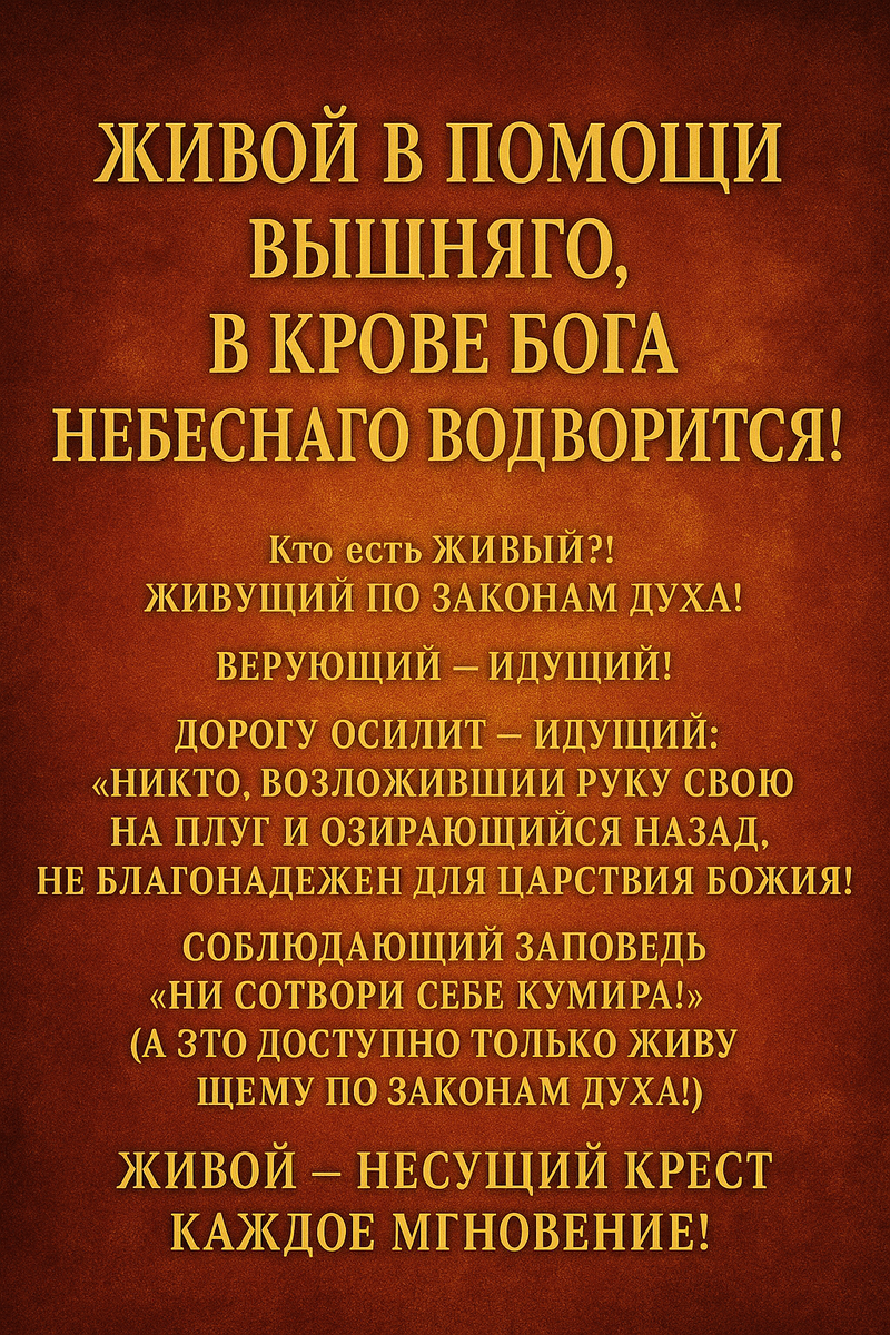 Это изображение представляет собой духовный символ силы, живого пламени веры и внутреннего света, передающий суть выражения:
«Живой в помощи Вышняго, в Крове Бога Небесного водворится!»

На фоне — огненно-золотая текстура, напоминающая сияние живого Духа. Цветовая гамма — от глубокого рубинового до золотисто-янтарного, символизирующая восхождение от земного к Божественному. Свет идёт изнутри, словно само изображение излучает присутствие — тепло, силу и огонь Закона Духа.

В центре — слова, написанные величественным золотым шрифтом, каждая буква будто высечена в огне. Основная фраза — в верхней части, возвышается как духовный свод. Ниже — постепенное раскрытие смысла, ступени восхождения:

«Кто есть Живый?!» — открытие пути.

«Живущий по Законам Духа!» — утверждение сути.

«Верующий — Идущий!» — движение.

«Дорогу осилит — Идущий…» — непрекращаемое следование.

И завершение: «Живой — несущий крест каждое мгновение!» — кульминация, где огонь переходит в сияние внутренней решимости.

Эффект освещения подчёркивает, что текст — не просто слова, а живое дыхание Духа. Он будто мерцает, как дыхание молитвы, в каждом слове ощущается непрерывность движения Духа и присутствие Высшего.

Это не просто плакат — это иконографический образ внутреннего пути, где всё — и цвет, и свет, и текст — служат одному: пробуждению Живого в человеке, Живущего по Законам Духа, несущего крест каждое мгновение
