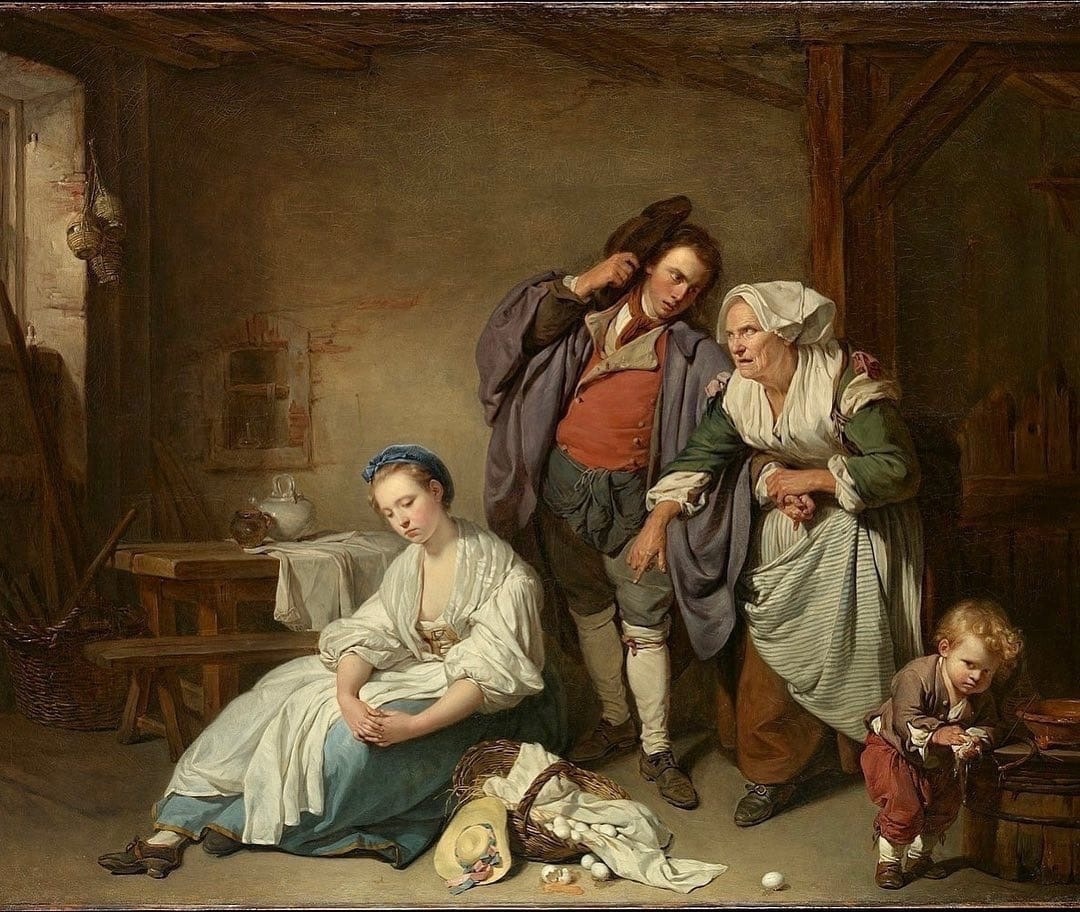 Жан-Батист Грёз (1725-1805) «Разбитые яйца», 1756 год. корзина с яйцами Размеры: 73 × 94 см. Метрополитен-музей в Нью-Йорке (инв. 20.155.8). Фото картины взято из открытого источника.