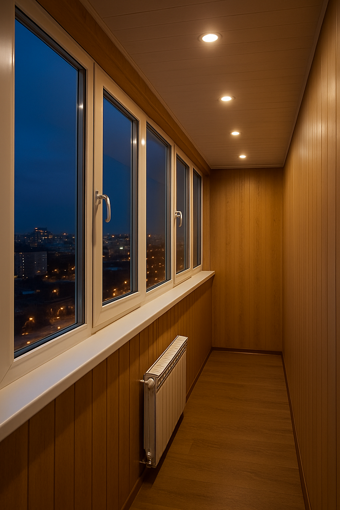 Длинный балкон в вечернем свете: ПВХ-профиль, двухкамерные стеклопакеты, тёплая отделка стен и потолка, радиатор у парапета. Вид на ночной город сквозь чистые стёкла. 