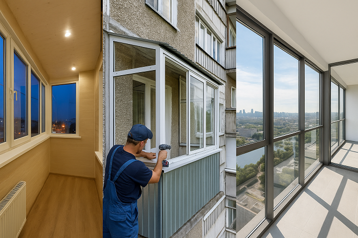 процесс установки на фасаде типовой многоэтажки: мастер в спецодежде фиксирует створку и направляющие, видна герметизация и аккуратный узел примыкания.