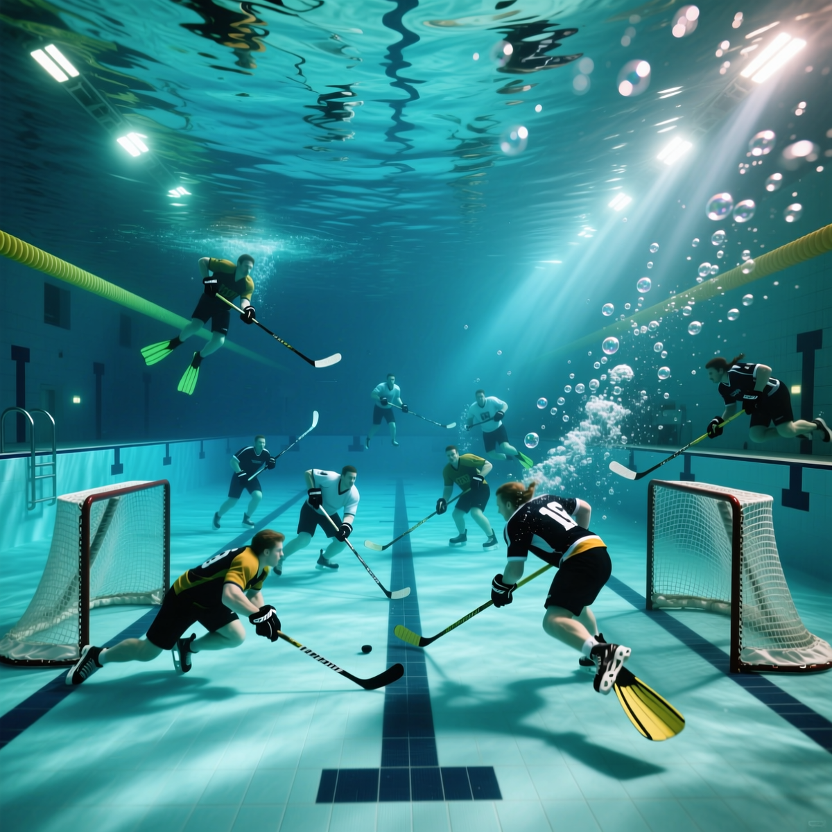 Тактическая картина игры. Хорошо видно трёхмерное построение игроков, что делает подводный хоккей уникальным командным спортом.