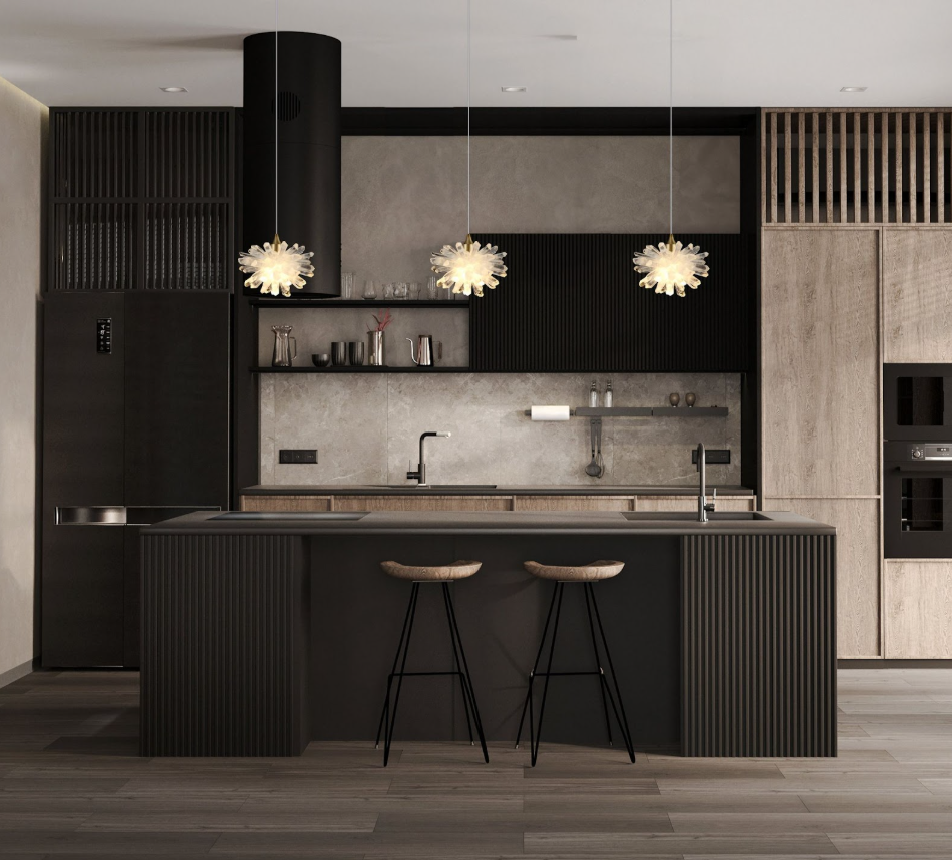 Подвесные лампы из горного хрусталя на кухне