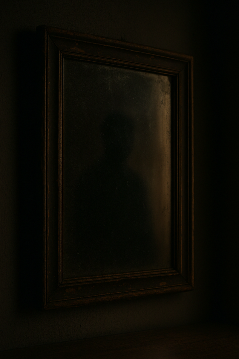 старое зеркало в полумраке, слабое отражение в тени