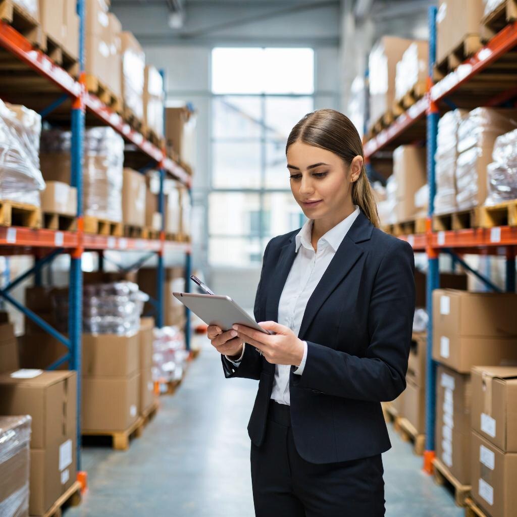 Девушка проводит инвентаризацию на складе 