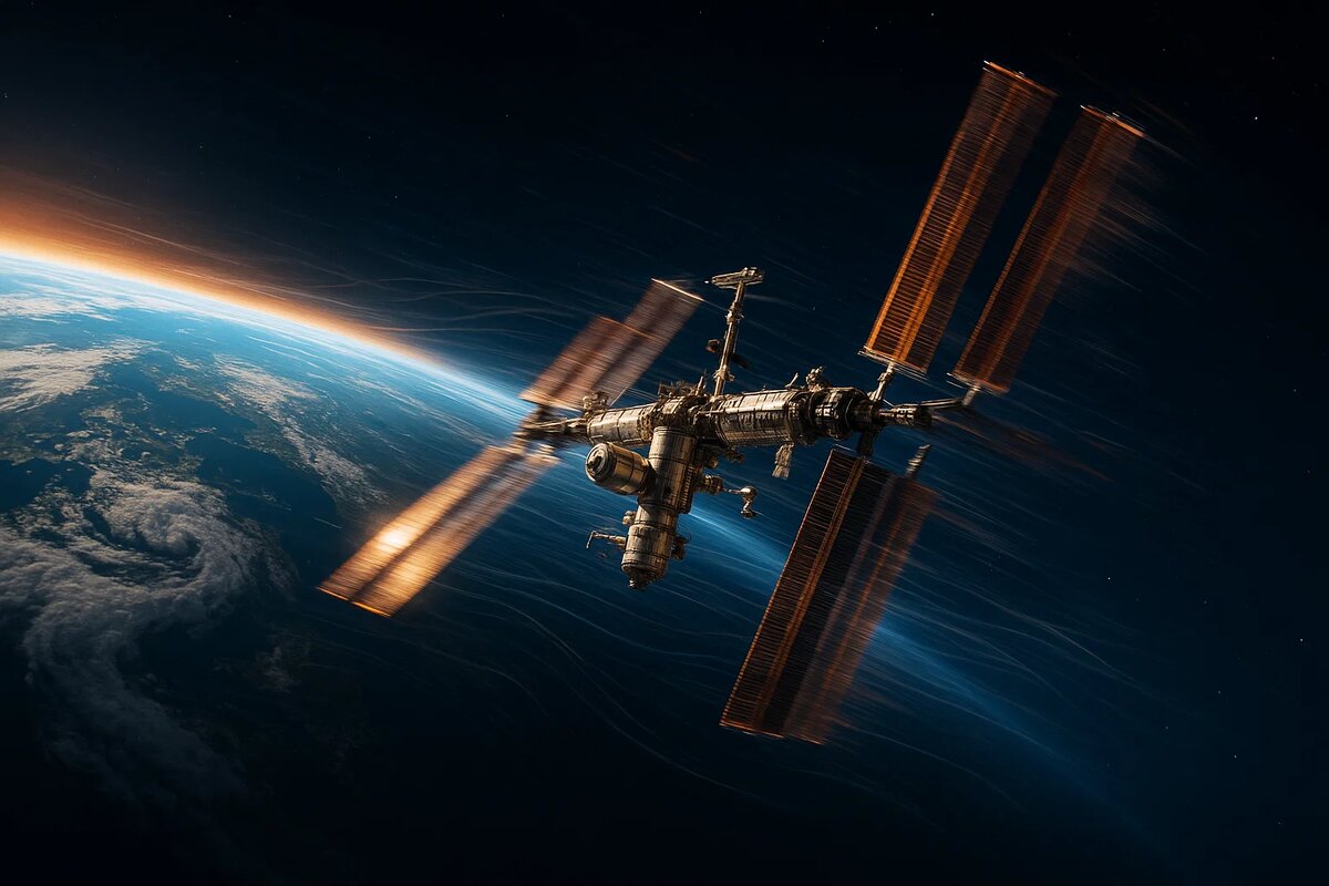 МКС стремительно движется по орбите, оставляя за собой легкий шлейф из звездной пыли. Невидимые силовые линии гравитации тянутся от земной поверхности к станции, визуализируя неразрывную связь между планетой и её искусственным спутником. Динамичная композиция передаёт концепцию вечного падения.