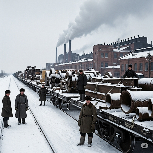 Иллюстрация "Эвакуация промышленности за Урал" создана сетью Джемини