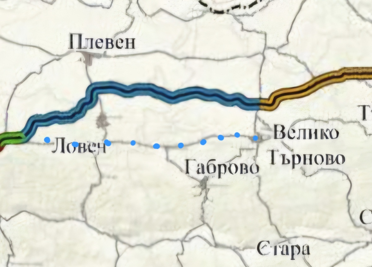 Схема трассы Хемус. Синий и желтый куски - это будущее. Синими точками - это текущее шоссе мимо нас.