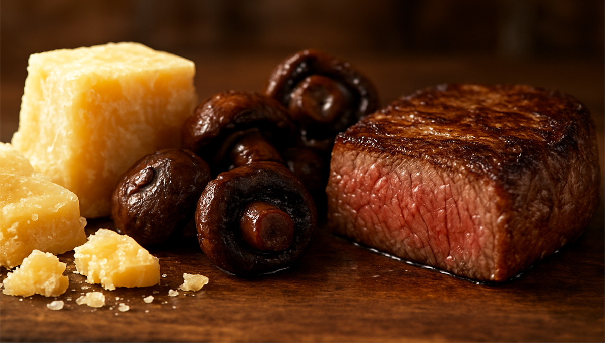 Пармезан, томлёные грибы и сочный стейк.