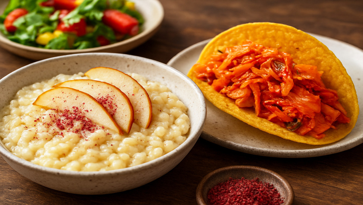 Фьюжн-блюда: ризотто с грушей и тако с кимчи.