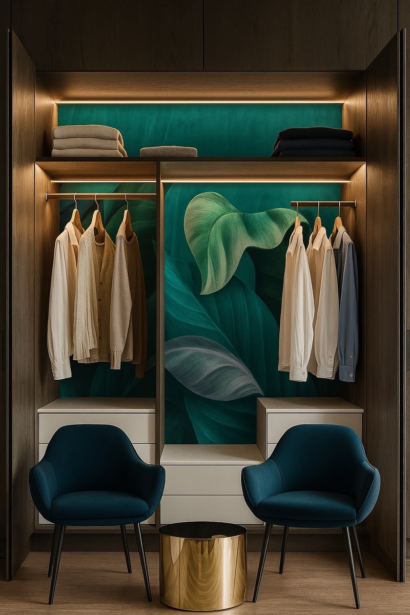 Пример встроенных систем хранения в интерьере. Отделка стенки - флизелиновые фотообои VEROL. Артикул на WB: 246636964.