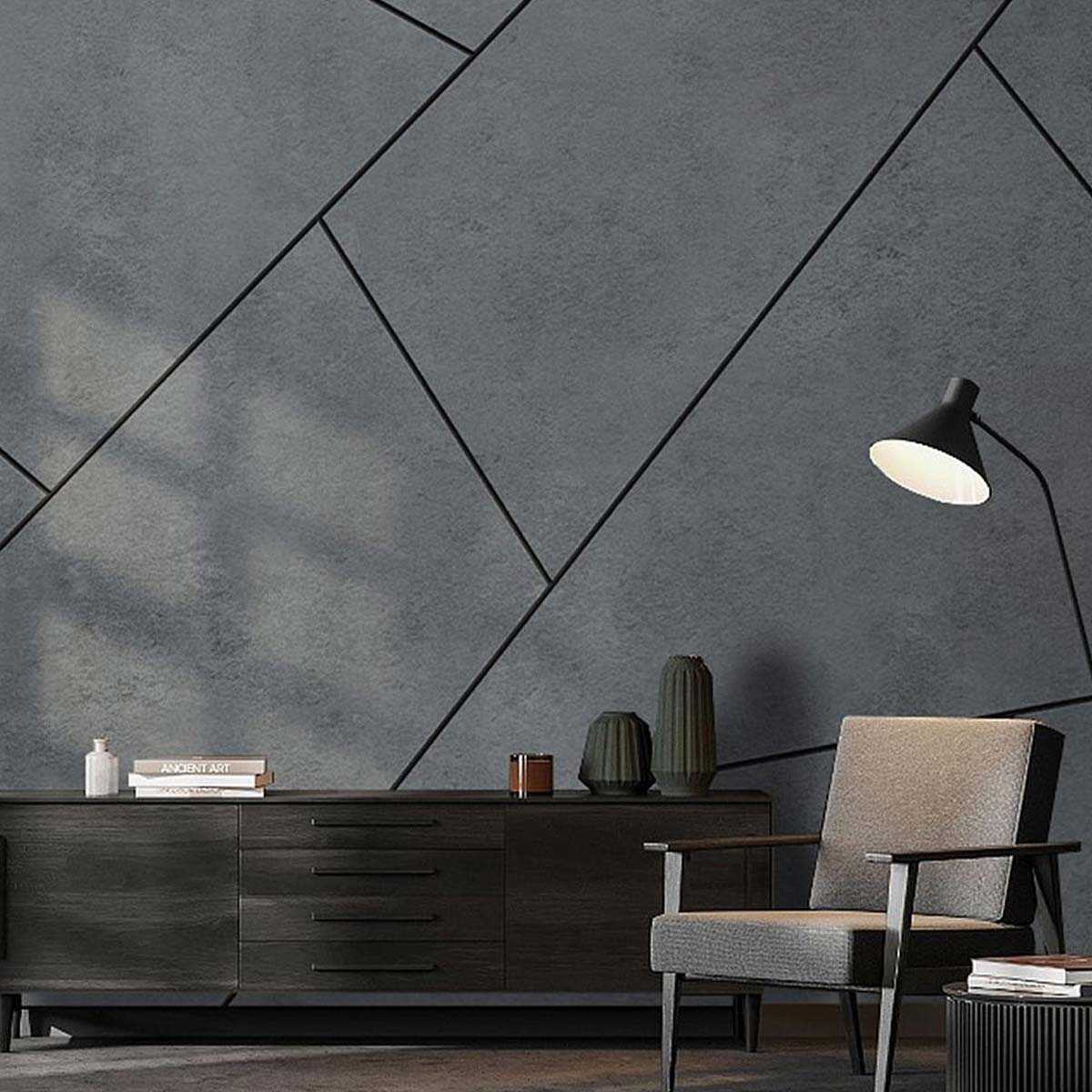 Пример приглушенного локального освещения торшером. Отделка стены - флизелиновые фотообои VEROL. Артикул на WB: 504853000.