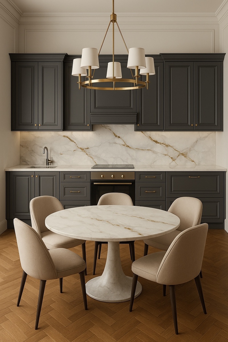 Пример интерьера кухни в тёплых оттенках. Фартук - шибкие стеновые самоклеящиеся панели VEROL. Артикул на WB: 358361567.