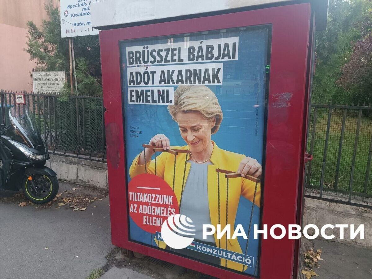   Плакаты с главой ЕК фон дер Ляйен в образе кукловода на улицах Венгрии© РИА Новости