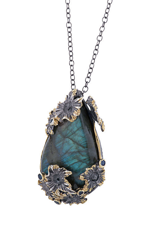 Кулон серебряный «Морское дно», камни лабрадор, сапфир