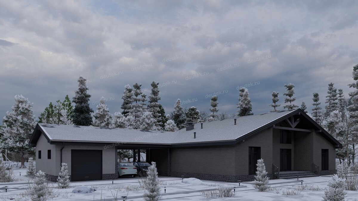 Проект одноэтажного дома 246 м2 с навесом для двух автомобилей и одноместным гаражом