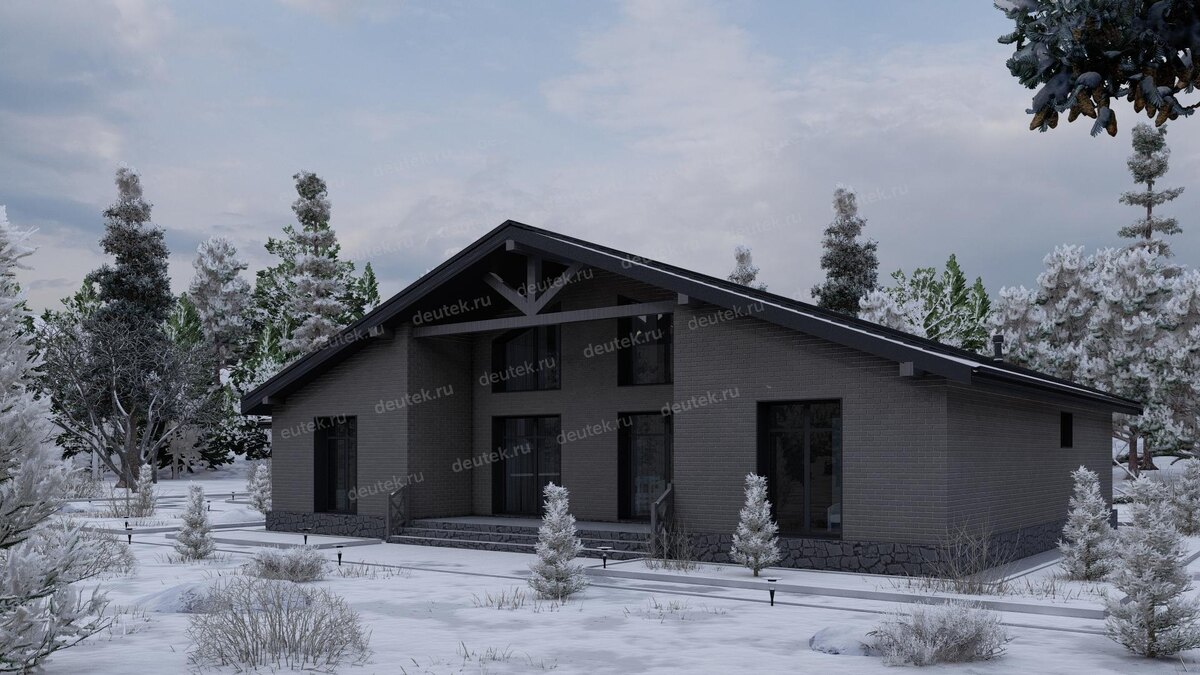 Проект одноэтажного дома 246 м2 с навесом для двух автомобилей и одноместным гаражом