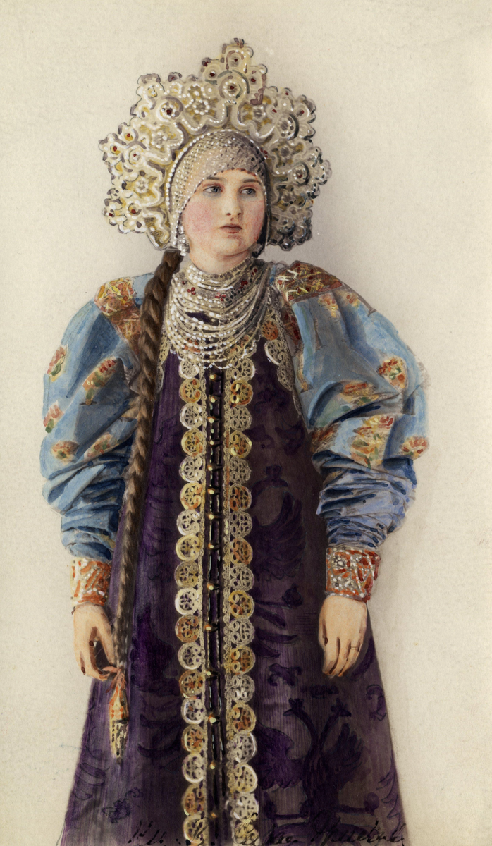 Фотография ч/б раскрашенная. Девушка в народном костюме Архангельской губернии. Фотографии головных уборов и женских костюмов разных губерний России из коллекции В. П. Сидамон-Эристовой и Н. П. Шабельской. Конец XIX — начало XX в.