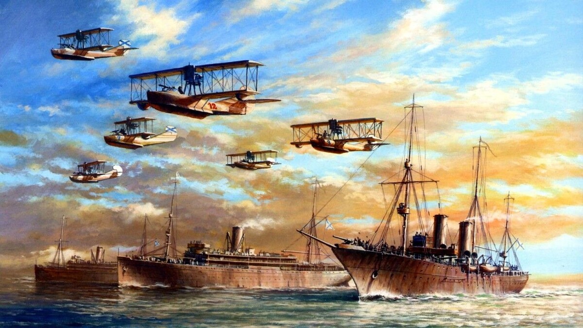 Картина А.Ю. Заикина "Гидроавиатранспорты Черноморского флота "Алмаз", "Император Александр I", "Император Николай I" во время набеговой операции на Варну 25 августа 1916 года