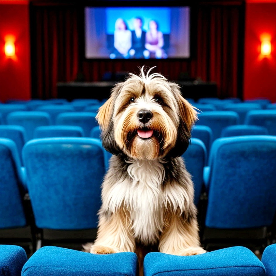 Собака породы тибетский терьер в кинотеатре. Картинка для иллюстрации статьи создана нейросетью "Шедеврум"