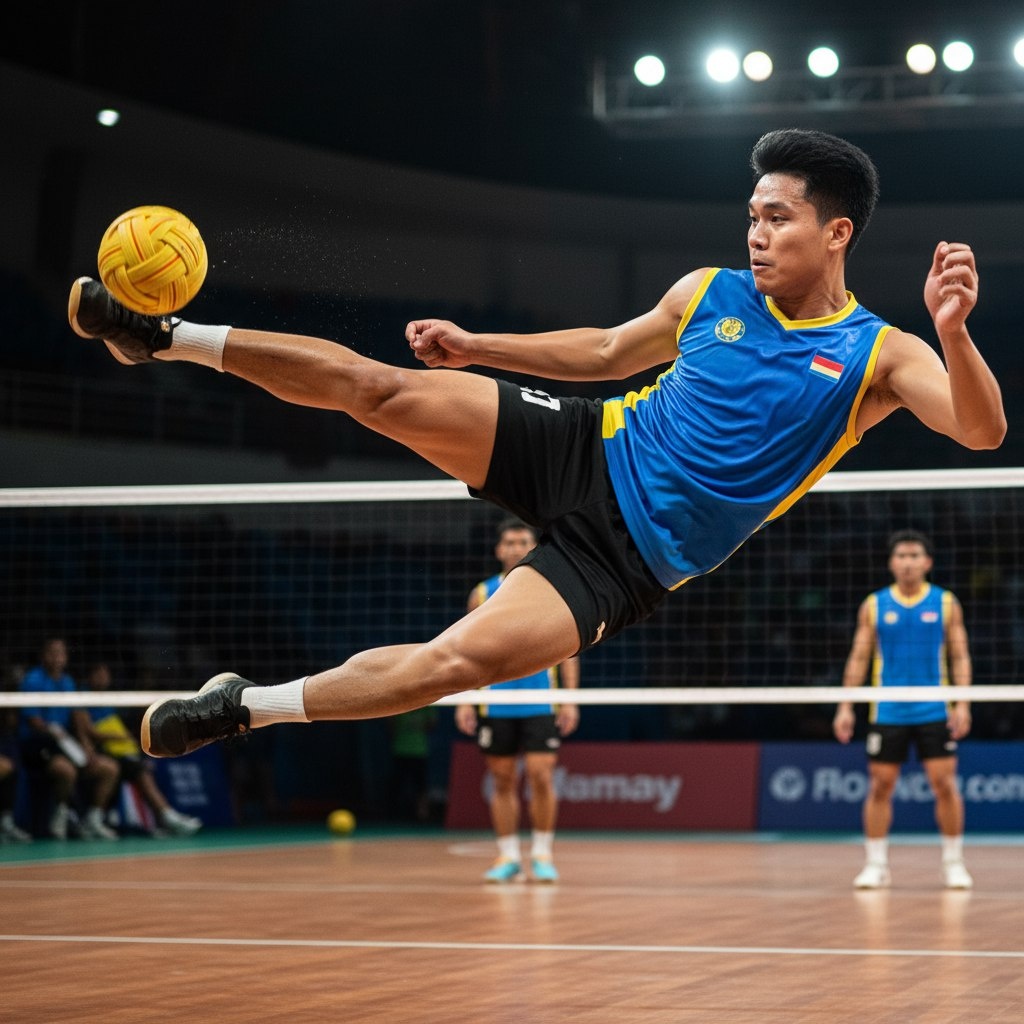 Солнечный удар» (sunback spike) — одна из самых зрелищных атакующих техник в сепак такрау, требующая от игрока нечеловеческой гибкости и прыгучести.