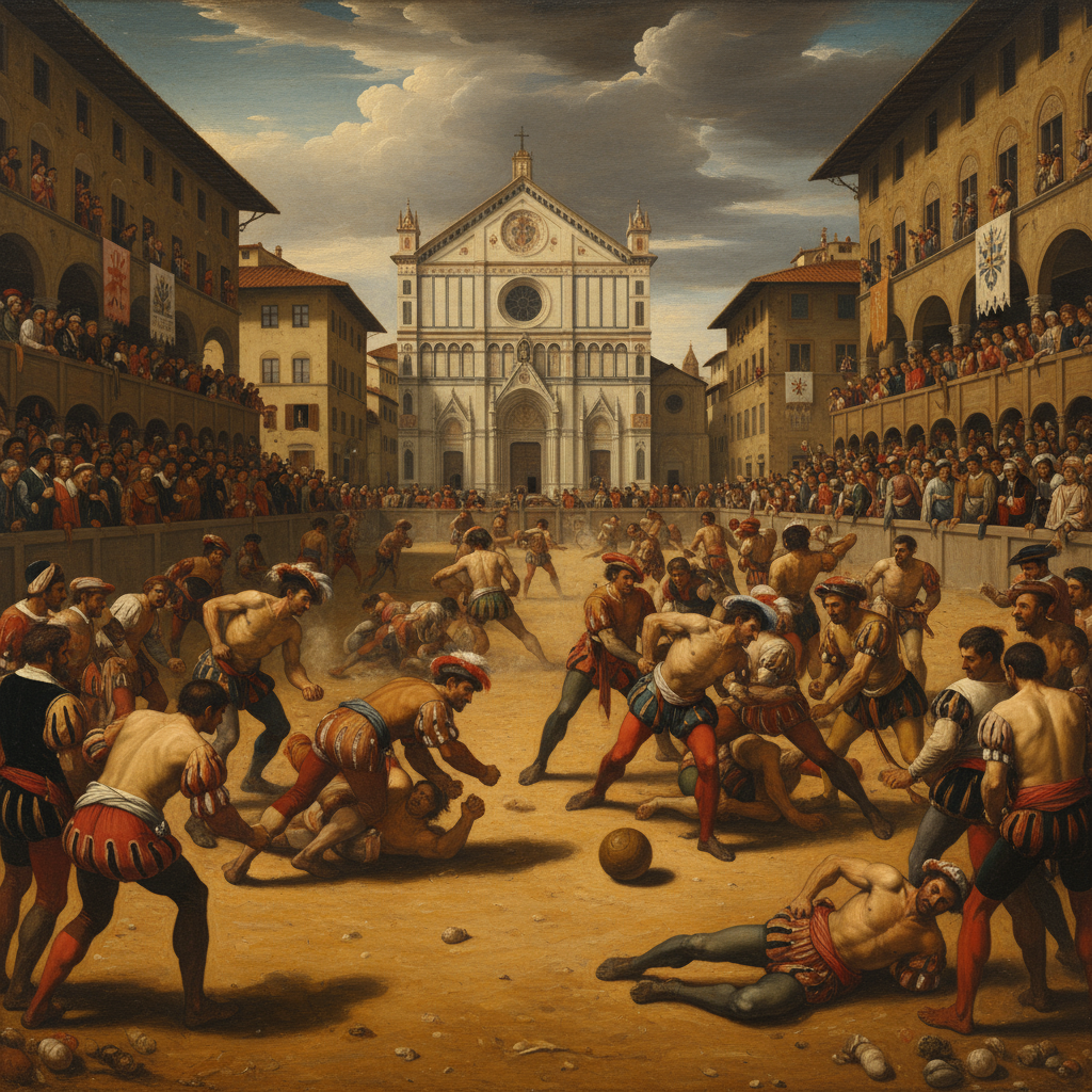 Реконструкция кальчо storico сегодня. Песчаное поле и костюмы эпохи Возрождения переносят зрителей на 500 лет назад.