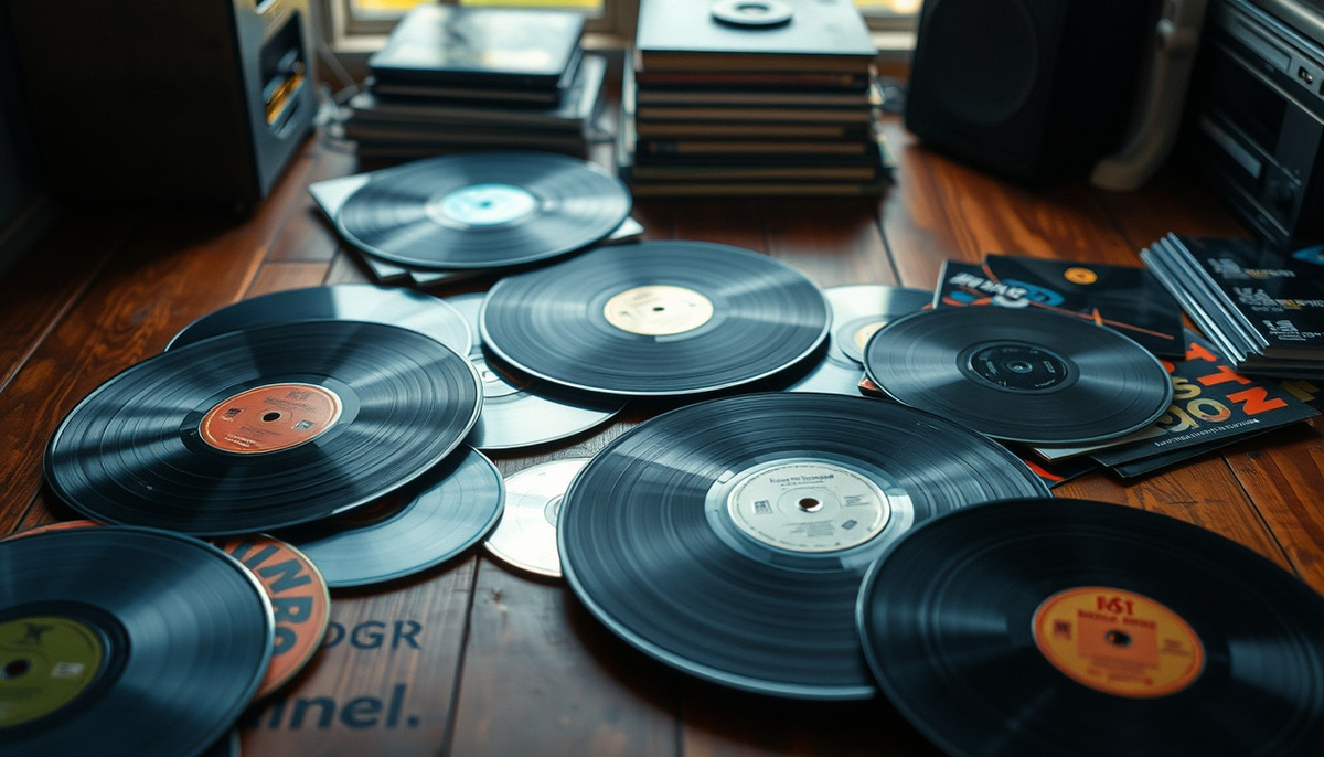    Изображение виниловых пластинок и CD-дисков на столе.