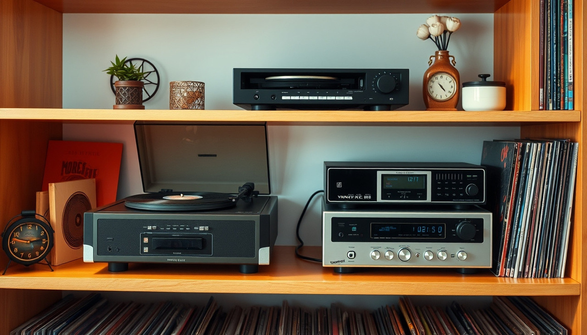    Изображение проигрывателей винила и CD-плеера на полке.
