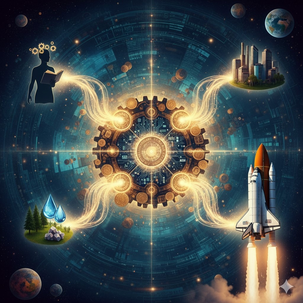 Изображение и промт ИИ «Gemini»; Ключевая концепция: Глубокая, футуристическая, абстрактная диаграмма, изображающая Капитализм как фундаментальную функцию (а не систему).