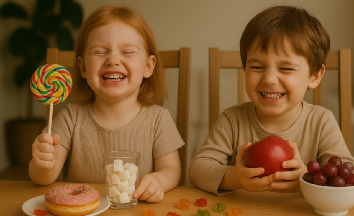Два ребенка один держит яблоко, девочка лединец