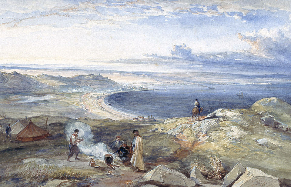 Акварель Уильяма Симпсона (1823-1899), 1857. Вид из черкесского лагеря, через залив на Керчь.