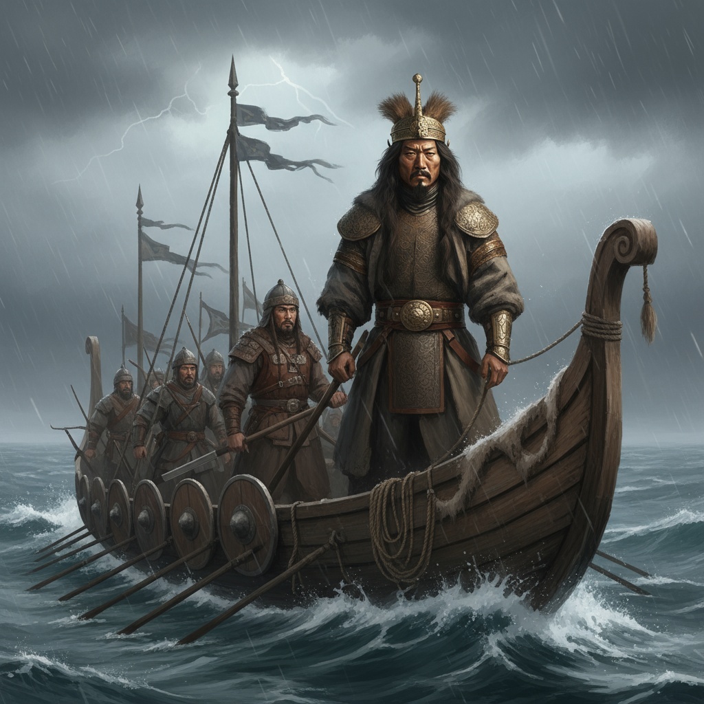 Изображение автора. Хан Батый плывет на корабле.