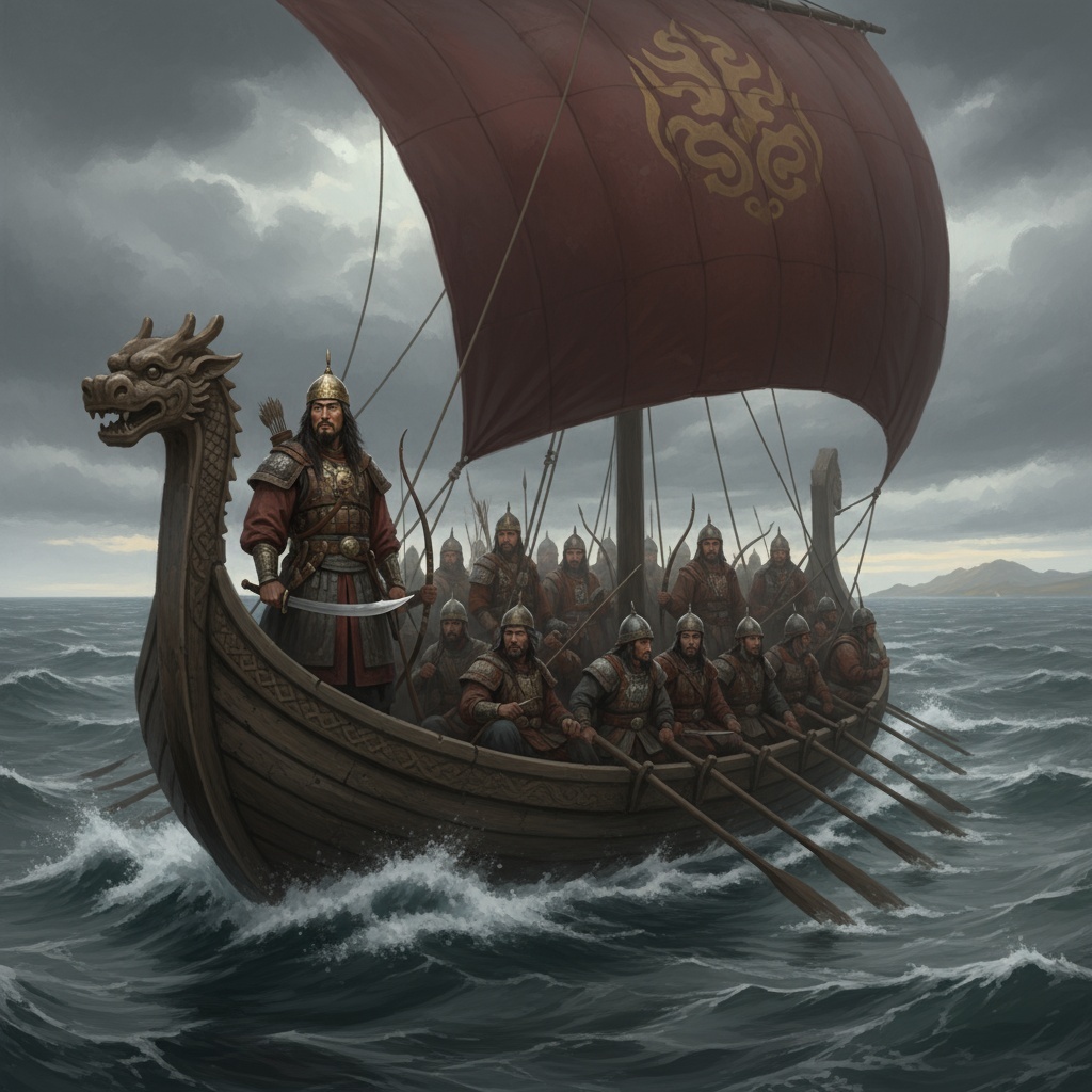 Изображение автора. Хан Батый плывет на корабле.