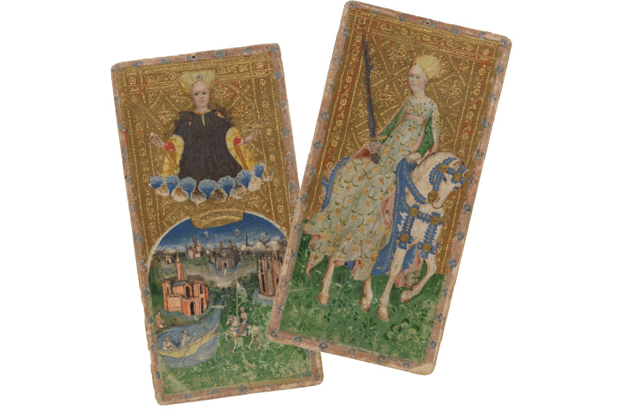 Это — одна из самых древних колод: Visconti-Sforza. Создана для свадьбы дочери миланского герцога. Не гадание, а игра для аристократов — но какая роскошь!