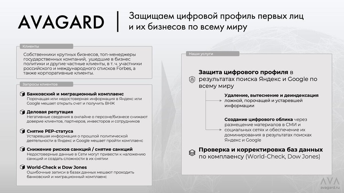 Avagard оказывает уникальный набор услуг на стыке репутации и комплаенса