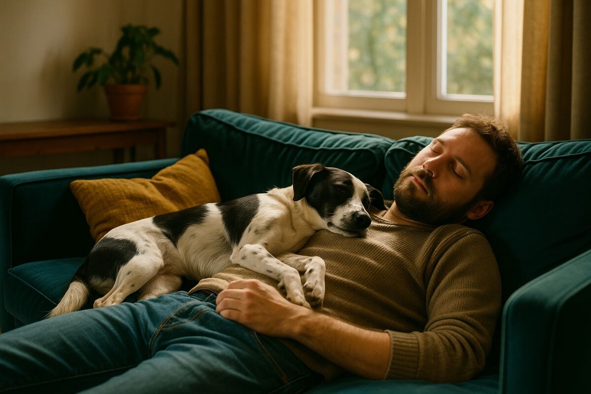 Хозяин спит с собакой на диване 