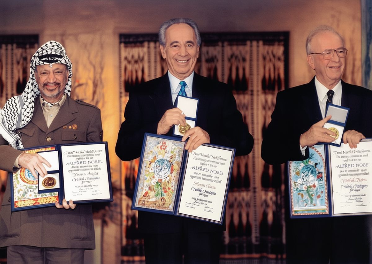 Ясир Арафат, Шимон Перес, Ицхак Рабин на вручении Нобелевской премии. Источник: Getty Images.