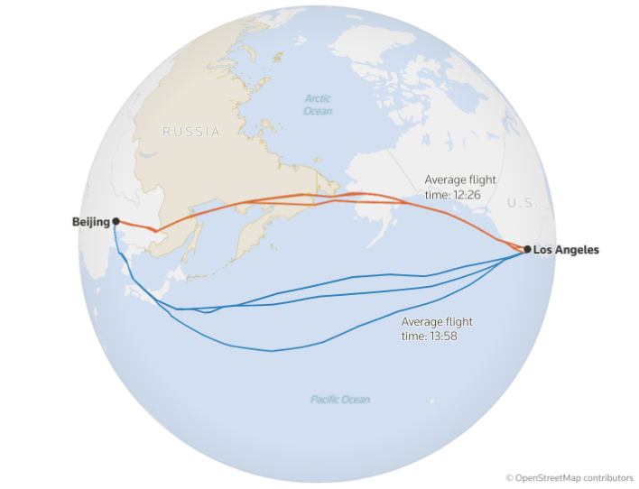 На карте показаны маршруты рейса Air China 988 и рейса United Airlines 771 между Лос-Анджелесом и Пекином.