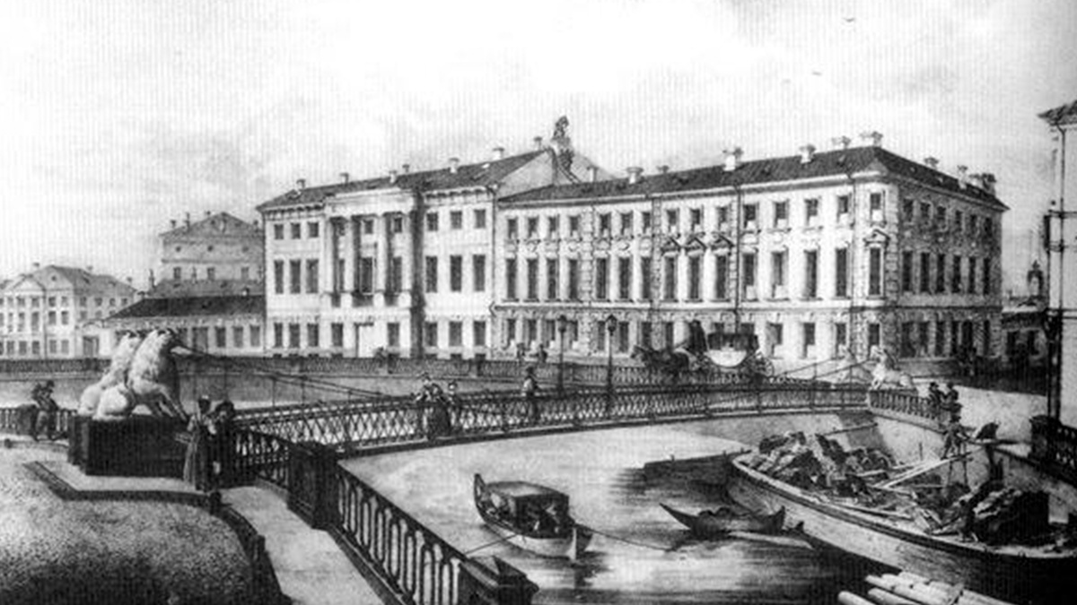 Карл Беггров - Цепной мост на Екатерининском канале. Литография, 1828 г. (дома 105-99) →