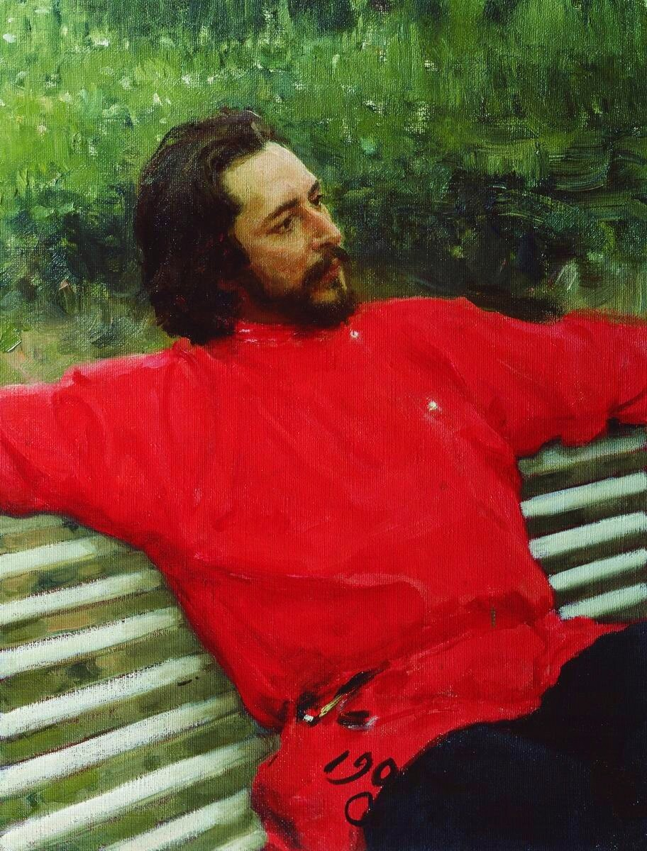 Этот портрет кисти Репина  сам Леонид Андреев считал особенно удачным. Красную рубашку Андреев очень любил.  Она была его отличительным знаком, визитной карточкой. Он носил её в Орле, где родился и вырос, потом в Москве, где добился известности и признания. 