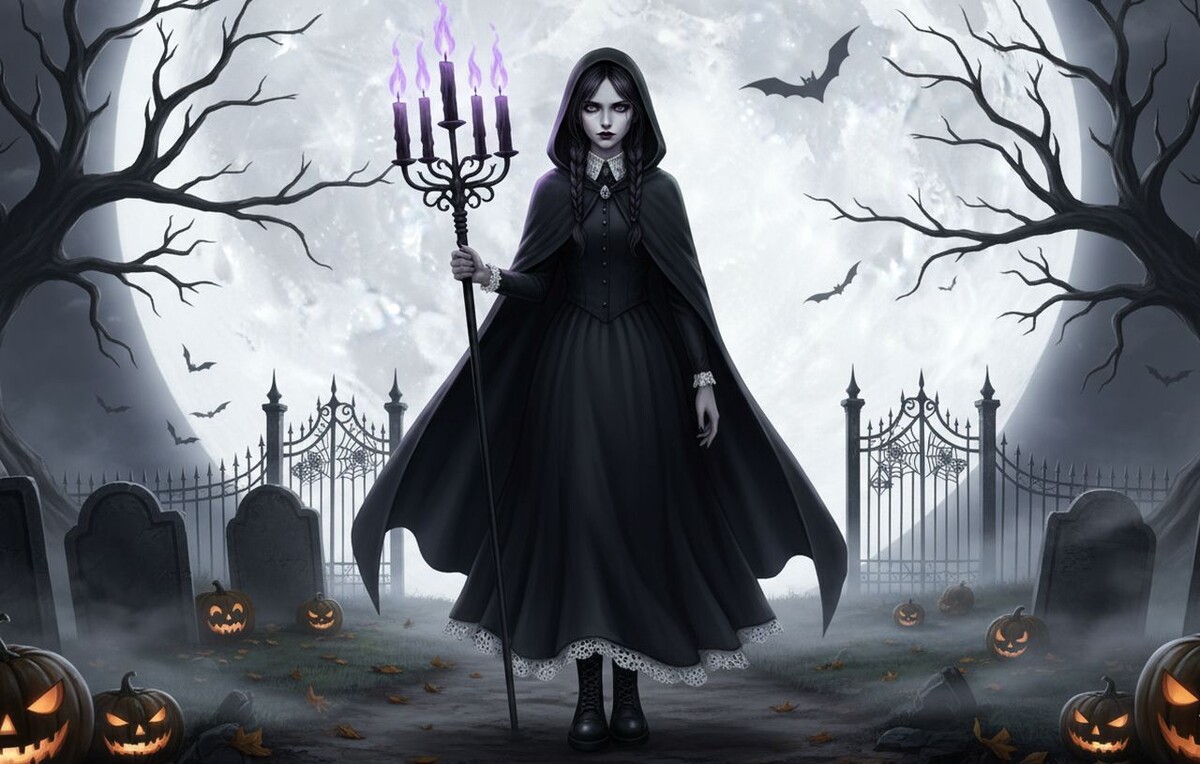 Готическая героиня в стиле Уэнсдэй Аддамс для Хэллоуина.