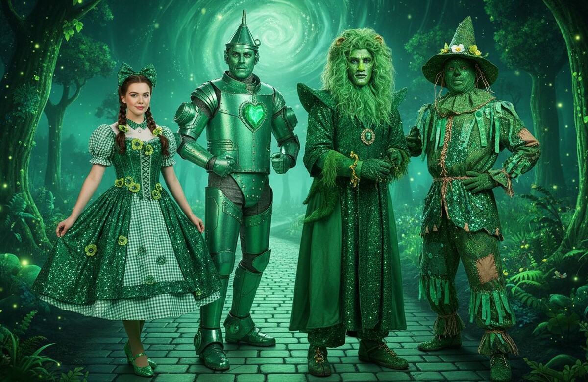 Костюмы по мотивам «Волшебника страны Оз», выполненные в зеленых тонах с блестящими акцентами.