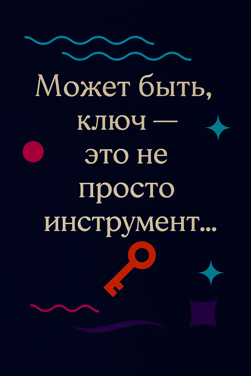 🗝️ Может быть, ключ — это не просто инструмент… Визуал — как жест доступа: тёмный фон, волны, геометрия, цитата в центре. Ключ — как символ перехода, доверия, уникальности. Каждый элемент — смысловой: насечки — как память, круг — как допуск, звезда — как момент инсайта. Это не просто картинка. Это визуальный жест, в котором точность становится метафорой выбора.