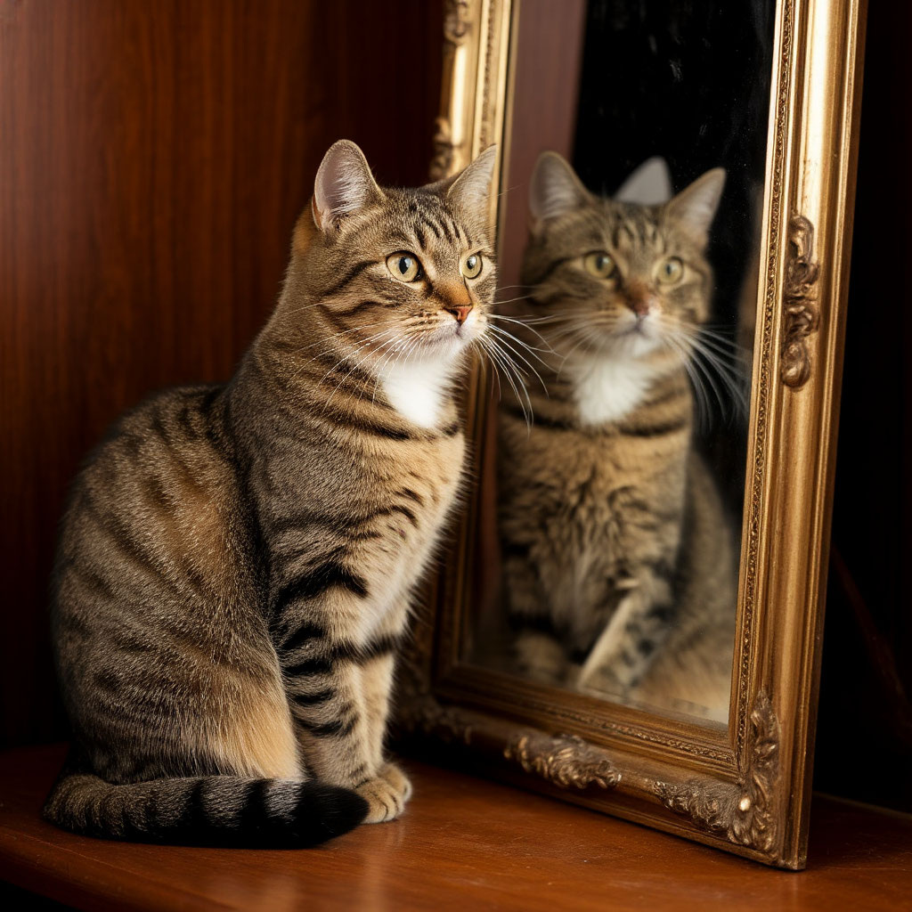 Кошка смотрит в зеркало