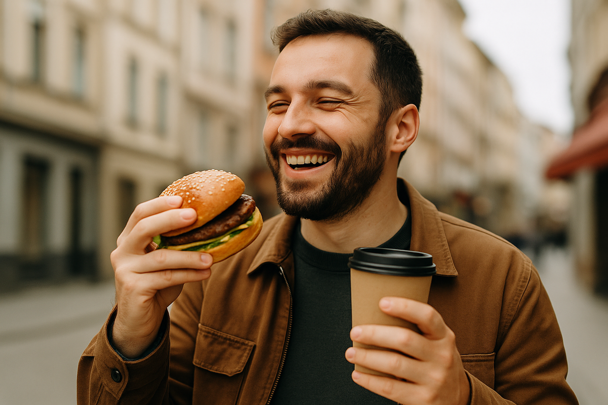 мужчина с бургером и стаканом кофе на улице, улыбается и явно наслаждается моментом