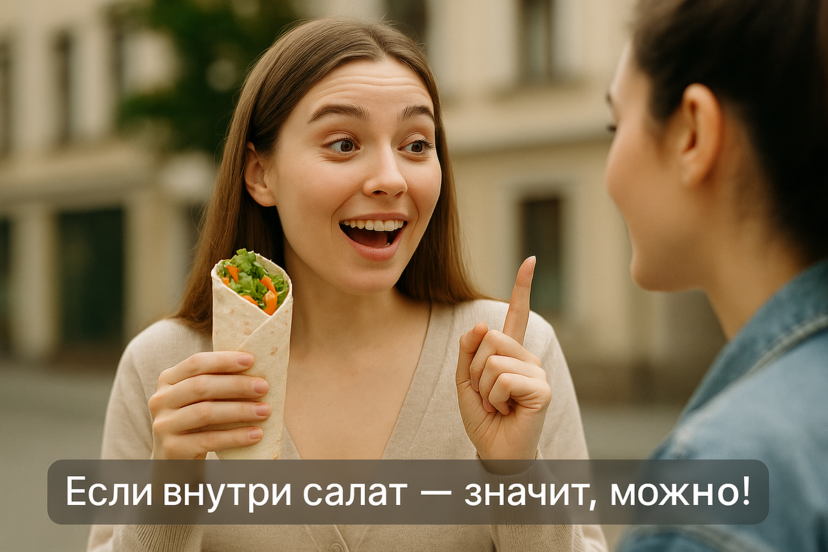 девушка держит бурито и говорит подруге: оно с овощами - значит, полезно!. подпись если внутри салат - значит, можно