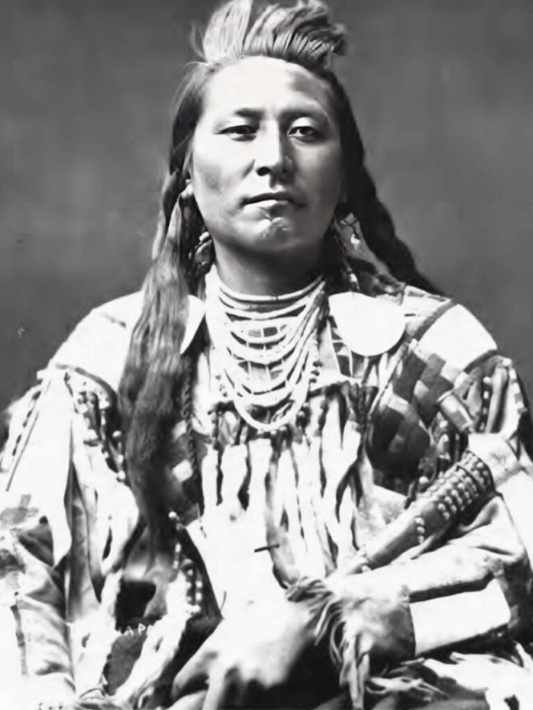 Вождь племени кроу Пленти Купс держит в руках украшенный резьбой томагавк около 1880 года во время визита в столицу США. 