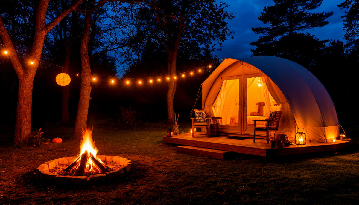 Купольный глэмпинг-дом вечером, огни и костёр